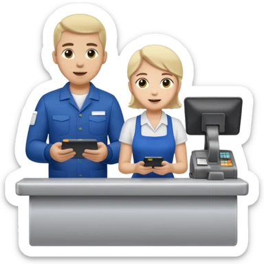 Supermarket employee at a cash register, full body, serving a man surprised sticker