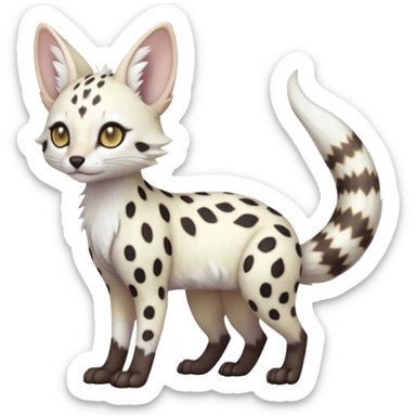 White Albino grey-spotted Serval-Civet-Genet-Trico-Furret-Linoone-Fakémon-Pokémon-animal-hybrid-fusion-creature (full body) with vibrant glowing eyes, cute, elegant, soft, realistic, pastel fur sticker