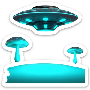 extraterrestrial futuristic otherworldly cyan bioluminescent neon-glowing aesthetic scenery flying saucers UFOs mushroom floating flying hovering object sticker