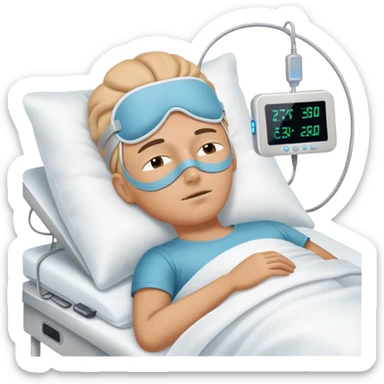 Sleep laboratory with sleep monitoring equipment, bed with person sleeping, brain wave monitors sticker