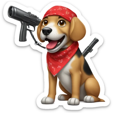 Dog with a red bandana and sharp teeth with a paintball gun sticker