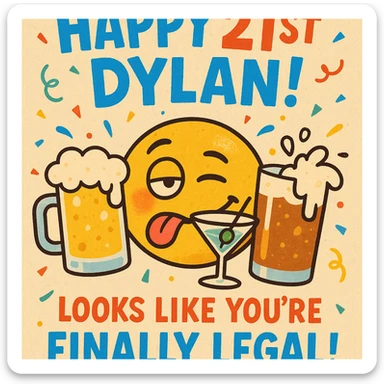 Funny 21st birthday card for Dylan featuring a tipsy emoji, overflowing drinks, headline 'Happy 21st Dylan!', confetti, bold playful fonts, and a joke about finally being legal. sticker