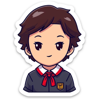 Ayanokoji with cold, expressionless face, sharp brown eyes, dark brown hair, red school uniform, serious vibe sticker