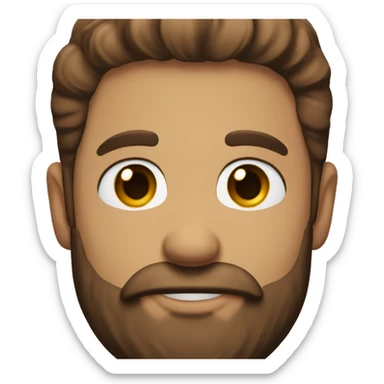 A bearded guy with brown eyes smiles and shows his heart sticker