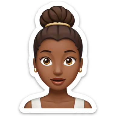 Une femme à la peau noire avec un chignon haut et les cheveux sont bruns avec un œil marron et un œil marron très très claire et une grosse bouche sticker