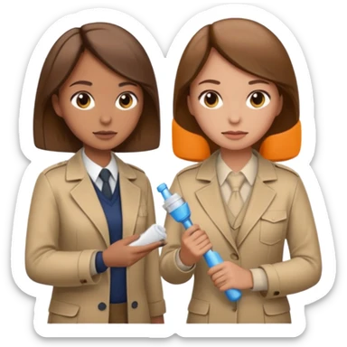 detective with beige clothing and brown hair interviewing suspect (girl) with cleaning clothing sticker