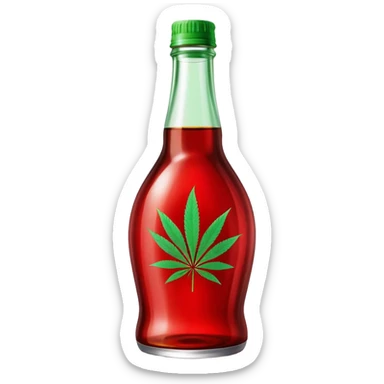 Curved red glass bottle similar to Coca-Cola style with a green cannabis leaf printed on it and a label sticker