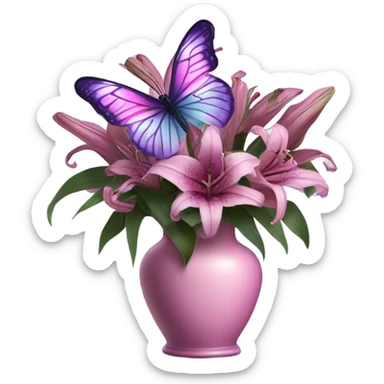 Aesthetic butterfly with purple and pink wings sitting on a dark purple bouquet of Lilies in a pastel pink vase sticker