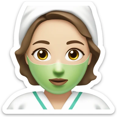 White girl with Brown hair and blue eyes wears a Green colored skincare clay textured mask and puts on cucumbers around her eyes while She relaxes in her white Robe sticker