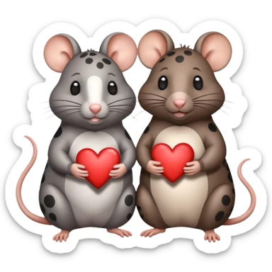 two fat little rats holding hearts one dark grey with white bigger spots the other rat warm brown without spots sticker