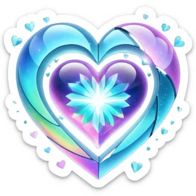 Heart split into orbiting fragments, gravity bending sticker
