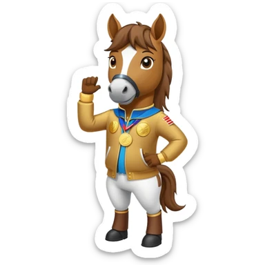 friendly anthropomorphised horse in a hip-hop outfit, wearing a gold medal sticker