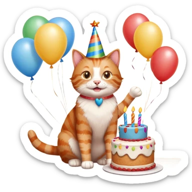 Ginger cat celebrates birthday, birthday hat, birthday cake, balloons, happy, gifts sticker
