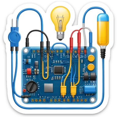 An icon featuring circuit boards, glowing wires, and a multimeter, symbolizing electrical engineering. The design includes a light bulb, voltage symbols, and electric currents flowing through components, representing the study and application of electricity. Transparent background sticker