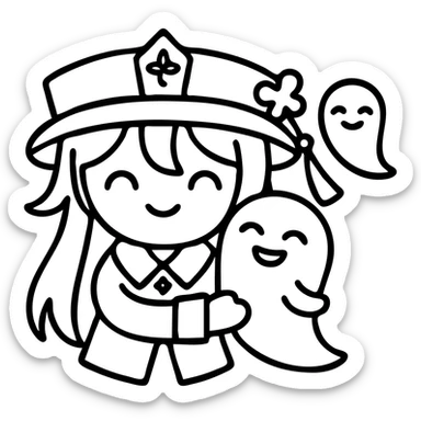 Add a ghost next to the character, maintaining the icon style inspired by Hu Tao from Genshin Impact. sticker