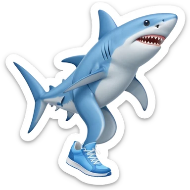 a blue shark walking on two legs, wearing blue high-top sneakers sticker