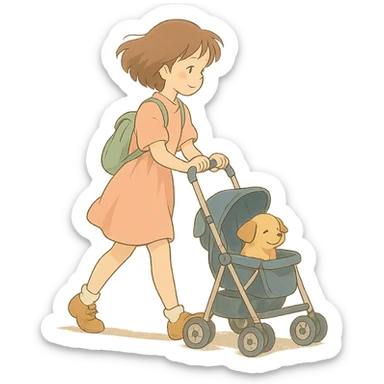 girl walking a dog in a stroller with soft colors sticker