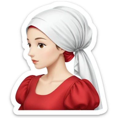 mujer de perfil con un vestido rojo de manga y falsas largas y voluptosas, y una toca blanca que cubre su cara sticker