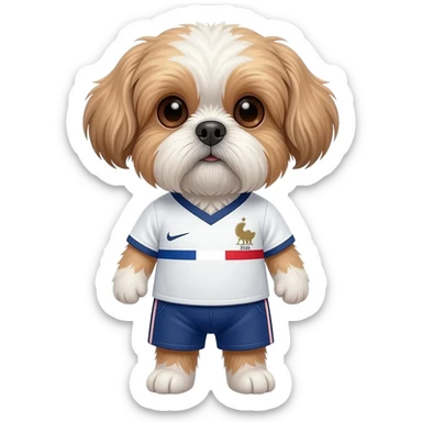 white and light brown shih zhu wearing a France soccer jersey v neck 2026 work cup sticker