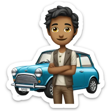slender indian boy standing next to a mini cooper sticker
