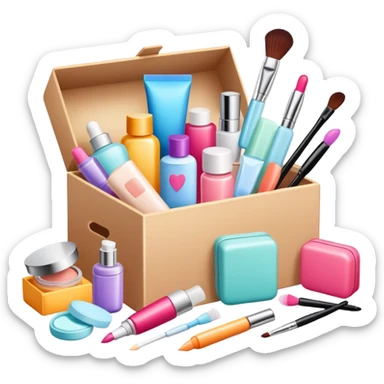 a beauty subscription box with various cosmetics and skincare items spilling out sticker