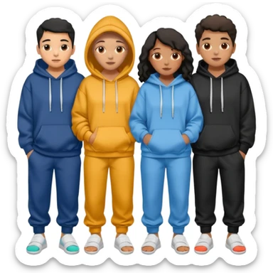 four mixed race friends all wearing oversized hoodies, sweatpants, and slides huddled together  sticker