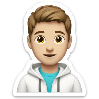 White boy, with brown hair and brown eyes. He wears a white sweatshirt with a cyan heart in the right corner.  sticker