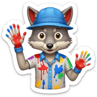 Wolf cartoon shaking hand wering hat and paint shirt children version  sticker