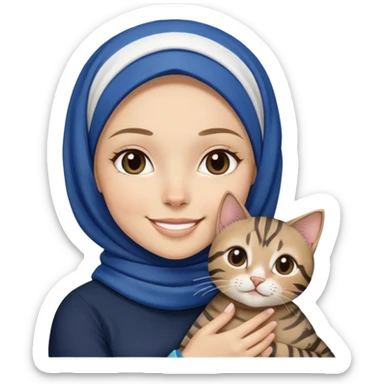 White girl wearing dark blue hijab with white shirt smiling while holding a black stripes tabby cat sticker