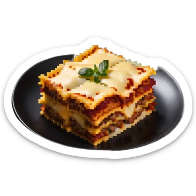 Square piece of lasagna with distinct layers of pasta, meat, and cheese sticker