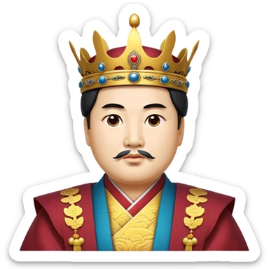 Cinematic Realistic King Sejong Portrait Emoji, depicted as a wise benevolent monarch in traditional Korean royal attire with a thoughtful gaze, rendered with intricate textures and regal soft lighting that captures his historical significance. sticker