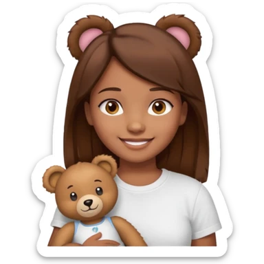 A Girl with Brown hair and Brown eyes with a t-shirt White. The t-shirt have dels a Teddy bear sticker