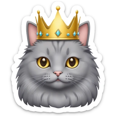 Fluffy grey cat wearing a crown sticker