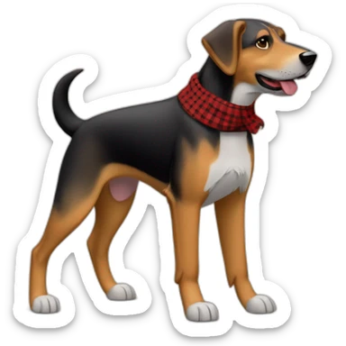 adult 75% Coonhound 25% German Shepherd mix dog with visible tail wearing small pointed red buffalo plaid bandana full body walking left quickly sticker