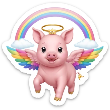 smiling piglet with angel wings and a halo, joyfully skipping across a rainbow bridge sticker