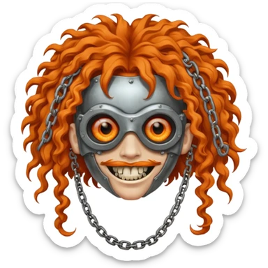steam-punk Megadeth - iconic mascot with rusty metal eye covers and chains on his teeth, orange curly huge hair sticker