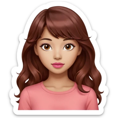 gorgeous woman, light tan skin, dark brown eyes, very long wavy auburn hair, bangs, pink top, coral lipstick, cool, model, mixed asian and latina sticker