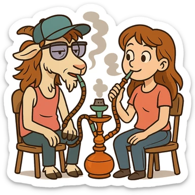 goat for Telegram stickers inspired by reference https://attic.sh/feoducyurkpqwz0la088soao98sx: wearing a cap, glasses, mullet hairstyle, pink drunkard tank top, sitting on a chair, smoking hooka with a girl https://i.ytimg.com/vi/x9PRt8xgy7Y/hqdefault.jpg . transparent background  sticker