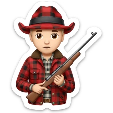 Man wearing buffalo plaid jacket with plaid hat, holding rifle sticker
