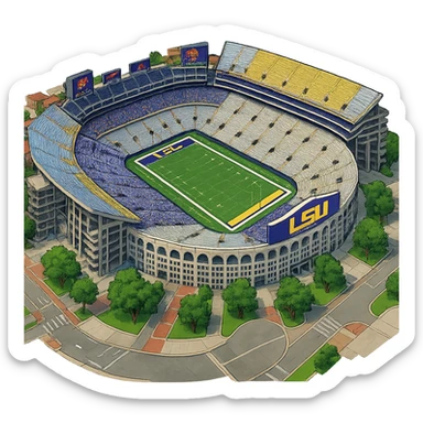 Изометричная, яркая, детализированная и фотореалистичная иллюстрация стадиона Tiger Stadium Louisiana в стиле 3D-коллажей городов, насыщенные цвета, аккуратные линии, мультяшно-реалистичная стилистика. Чёткие контуры, прозрачный фон, высокое качество. sticker
