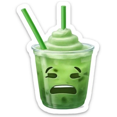 Iced matcha in a clear cup with ice and a straw sticker