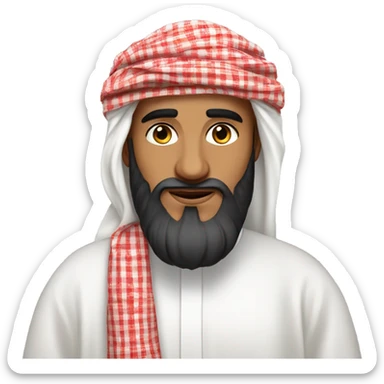 Saudi man with a beard wearing a white thobe, traditional red check patterned shmagh headscarf, and black agal sticker