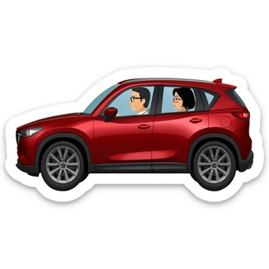 camioneta mazda cx 5 roja con una conductora mujer con lentes de cabello negro del lado derecho y un copiloco hombre de pelo corto negro y lentes del lado izquierdo, todo en caricatura sobre una avenida principal con paisaje verde sticker
