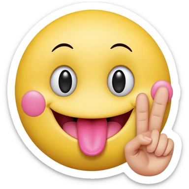 The image is a digital illustration of a yellow smiley face with big, round eyes and a big smile. The face is holding a pink tongue sticking out and making a 67 with its fingers. Above the face, The background is white. Like this but get rid of the text sticker