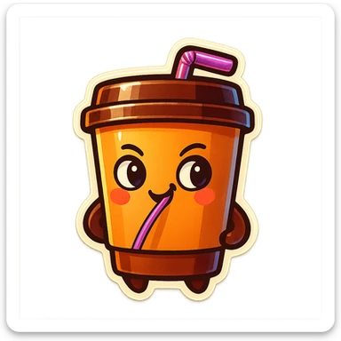Tall coffee cup, amused, mischievous, drinking coffee with straw, looking sideways sticker