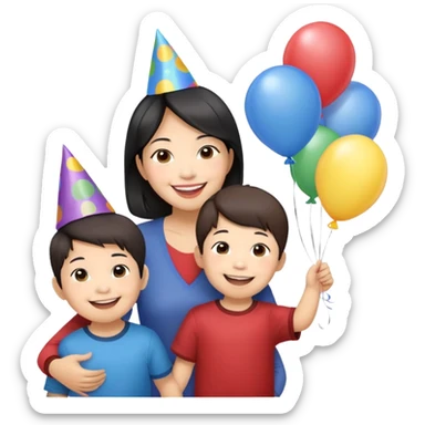 Asian American woman with two young boys 3 and 6 years old celebrating birthday  sticker