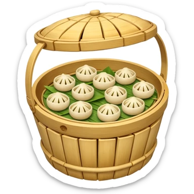 A bamboo steamer basket filled with tiny dumplings. sticker