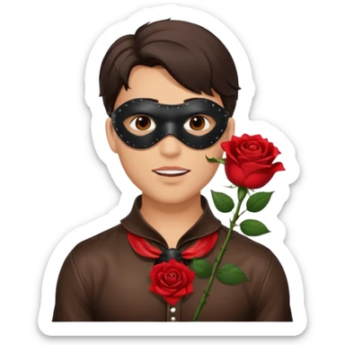 brunette young adult man with leather eye mask and leather halter neck blouse, holding rose with his mouth sticker