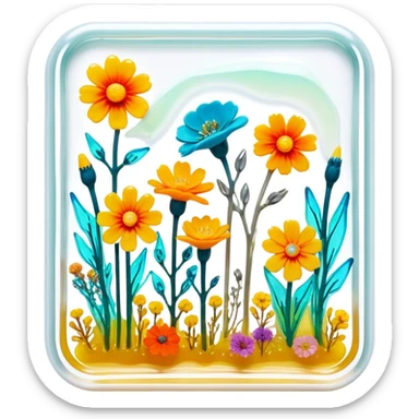 Epoxy resin art icon, jewelry and decorative items made with fluorescent epoxy resin, glowing effect on the resin, finished resin jewelry with dried flowers embedded inside, visible tubes of resin with bright colors, mixing tools, and molds, minimalistic style, clean lines, transparent background sticker