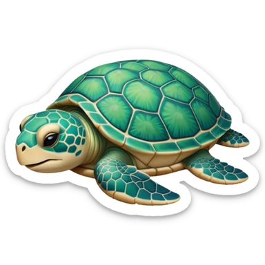 Meme-Worthy Cute Sleeping Sea Turtle Portrait Emoji, Head resting peacefully with a contented smile, showcasing a stately, patterned shell and a smooth, ancient body with eyes gently closed in serene slumber, Simplified yet adorably endearing features, highly detailed, glowing with a soft, drowsy oceanic light, high shine, relaxed and utterly lovable, stylized with an air of playful laziness, soft glowing outline, capturing the essence of a sleeping sea turtle that feels destined to become the next viral icon of adorable rest! sticker